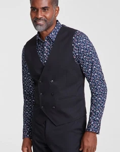 $115 BRAND NEW TAYION Mens XL Solid Black Double Breast Stretch Suit Jacket Vest - Picture 1 of 9