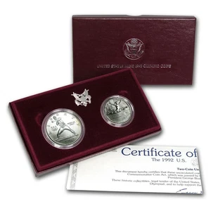 1992 Olympic Silver Dollar & Half Dollar Uncirculated 2 Coin Set w/Box&COA - Picture 1 of 3