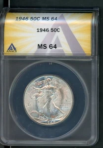 US 1946 PHILADELPHIA WALKING LIBERTY SILVER HALF DOLLAR ANACS MS 64 A219 - Picture 1 of 2