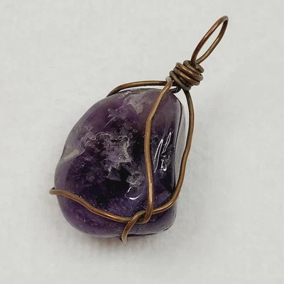 Wire Wrapped Purple Amethyst Pendant Copper Tone Stone February Birthstone Boho - Image 1 of 4