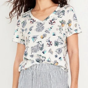 NWOT Old Navy Womens EveryWear V-Neck T-Shirt L Tropical Print 100% Cotton  - Picture 1 of 4