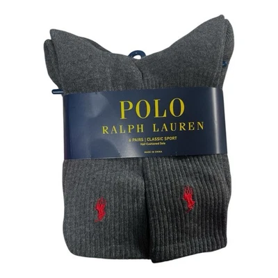 Ralph Lauren Polo Hombre Gris Clásico Deportivo Crew Calcetines con Poni Rojo Bordado Foto 1 de 4
