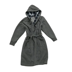 LL BEAN Long Bathrobe Gray Thick Cotton Hooded Mens M Green Plaid Lined - Picture 1 of 11