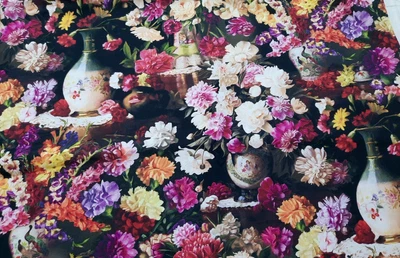 2 Yds David Textiles 'Four Seasons' Floral w/Asian Vase Black Colorful Blooms - Image 1 of 4