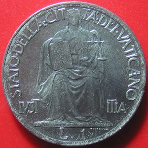 VATICAN CITY 1942 ONE 1 LIRA JUSTICE TABLETS OF THE LAW COLLECTABLE COIN 26.7mm - Picture 1 of 4