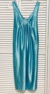 Vintage Rare Teal Stardust V-Neck Night Gown Tie Back Split Hem Lingerie Med - Picture 1 of 10