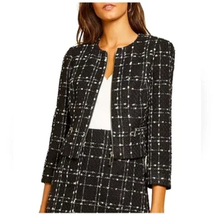 Ted Baker Cropped Boucle Jacket Zip Blazer Black White Gold Size 2 Designer $495 - Picture 1 of 10