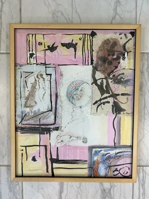 Pintura abstracta vintage arte collage de medios mixtos enmarcado por artista listado años 90 Foto 1 de 4