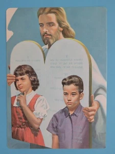 Impresión original 1966 a doble cara Jesús sosteniendo diez mandamientos con niños - Imagen 1 de 2