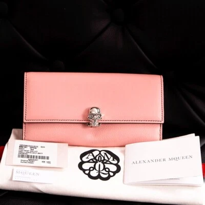 NEW $830 ALEXANDER MCQUEEN Pink Leather Silver SKULL Continental LONG WALLET NWT - Image 1 of 4