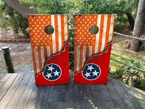 WATERPROOF & FADEPROOF Cornhole Board Wraps  / Orange USA / Tennessee Flag - Picture 1 of 3