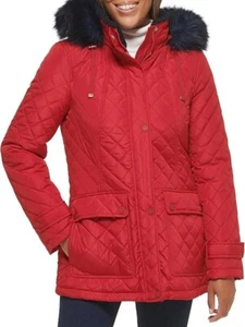NEW Tommy Hilfiger Winter Jacket Red Diamond Quilt Removable Faux Fur Hood LARGE - Picture 1 of 10