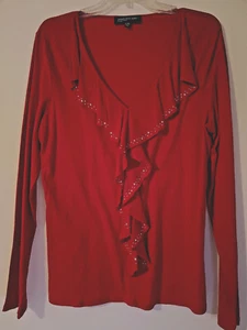 Jones New York Blouse women Sz XL Red L-Sleeve Embellished Ruffle Neck Pullover - Picture 1 of 5