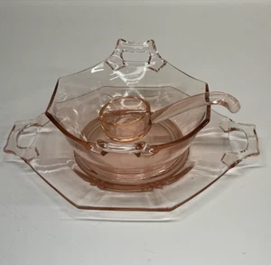 3 Pc Pink Depression Glass Condiment Sauce 9" Plate Bowl Ladle Handle Scoop Lot - Picture 1 of 5