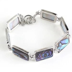 Rectangle Handmade Natural Rainbow Abalone shell Gemstone Silver Cham Bracelets - Picture 1 of 4