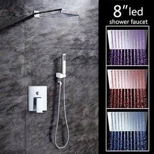 LED Light 8 Inch Rainfall Shower Faucet Set with Hand Spray Chrome Finish - Picture 1 of 10
