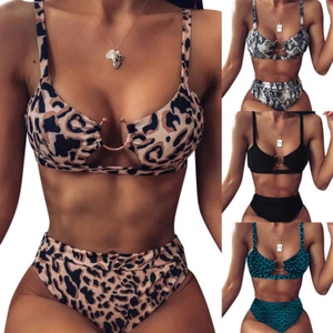 Women Leopard Bikini Set Swimwear Swimsuit Push Up Padded Bra Beach Costume - Picture 1 of 13
