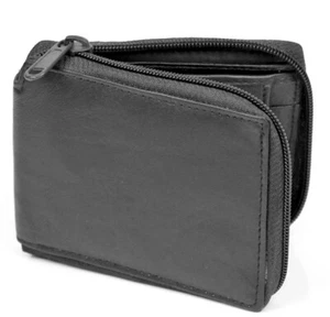 Mens Bifold Zipper Around Genuine Leather Wallet Multi Pockets Id Window Cards - Picture 1 of 6