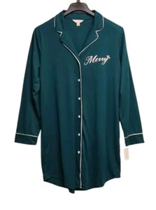 Charter Club Sleepshirt Womens Large Green Merry Christmas Nightgown Soft Knit - Picture 1 of 8