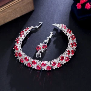 Tennisarmband versilbert Zirkonia CZ Rose rot Amerikakristall Blume - Bild 1 von 22