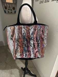 Victoria’s Secret Pink & Silver Sequin Stripe Weekender Tote Bag Limited Edition - Picture 1 of 6