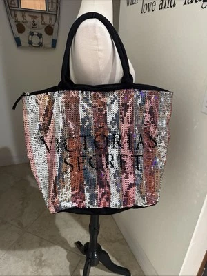 Victoria’s Secret Pink & Silver Sequin Stripe Weekender Tote Bag Limited Edition - Image 1 of 4