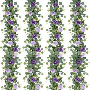 4 Pack Artificial Eucalyptus Flower Garland with Purple Roses, Fake Rose Flow... - Foto 1 di 7