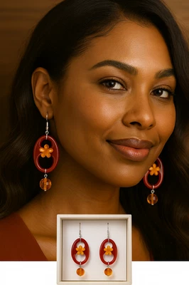 Amber Flower Dangle Earrings – Brown Resin Retro Drop Earrings, Handmade  - Image 1 of 4