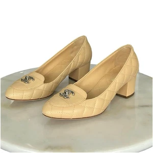 CHANEL - Butter Milk Soft Leather Block Heel Shoes Sz 38.5.  AUTHENTIC - Picture 1 of 9