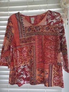 Chico’s 3 (XL) Boho Paisley Patchwork Top V-Neck 3/4 Sleeve Orange Red Stretch - Picture 1 of 7
