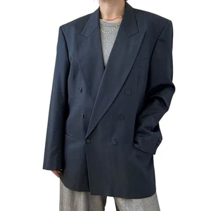 Vintage YSL Yves Saint Laurent Navy Blue Wool Double Breasted Blazer 44L - Picture 1 of 8