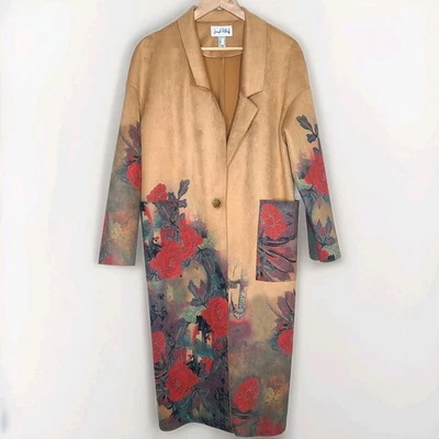 Joseph Ribkoff Tan Multi Floral Art Print Faux Suede Straight Jacket 10 - Image 1 of 4