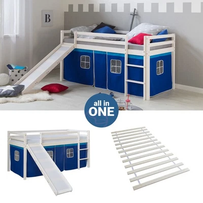 Lit superposé 90x200 Toboggan d'enfant mezzanine Lattes Rideau bleu Homestyle4u - Photo 1/4