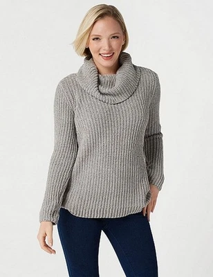 Denim & Co Classic Grey Chenille Cowl-Neck Sweater New - Image 1 of 4