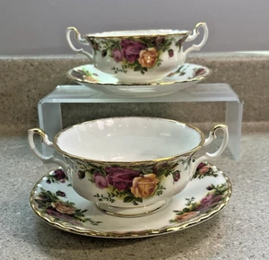 H779~ 2 Royal Albert Old Country Roses Two-Handled Cream Soup Bowls & Saucers - Picture 1 of 6