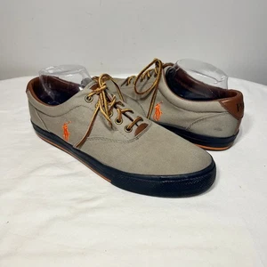 VTG 90s Polo Ralph Lauren Sneakers Vaughn Gray Canvas Leather Lace Up Preppy 10D - Picture 1 of 10