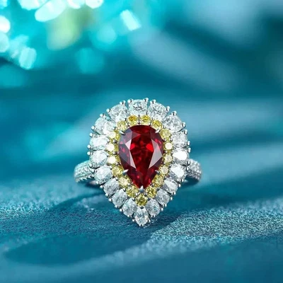 4.54 Ct Pear Cut Natural Ruby & Diamond Wedding Ring Solid 14K White Gold 6 7 8 - Image 1 of 4