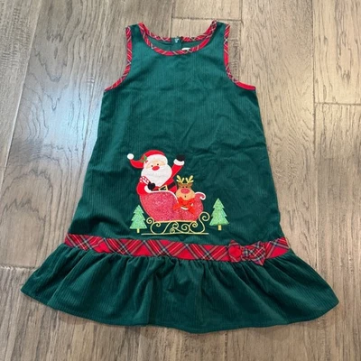 Rare Editions Girl's Christmas Corduroy Dress Santa Sleigh embroidered Holiday - Image 1 of 4