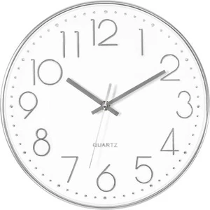 Silver Wall Clock Silent Non-Ticking Battery Operated round Modern Clock 12 inch - Picture 1 of 3