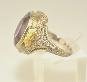 ANTIQUE 14K WHITE & YELLOW GOLD 6 CARAT OVAL AMETHYST FILIGREE RING SIZE 5.25 - Picture 1 of 5