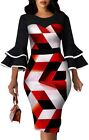 Women Sexy Dresses Bodycon Church 3/4 Sleeve African Print Pencil Party Office D