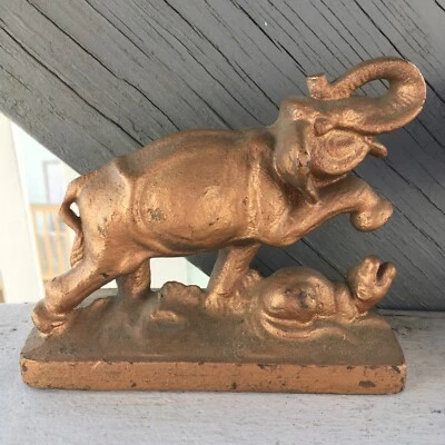 Nice Antique Cast Iron Elephant Bookend/Doorstop Stepping on Tiger Hubley Gold - Image 1 of 4