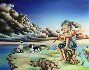 ORIGINAL Oil PAINTING POP REALISTIC Fantasy ART Landscape boy, cat, dog, clouds