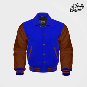 Royal Blue body Brown Sleeves Premium Varsity Jacket Letterman Baseball College - Picture 1 of 5