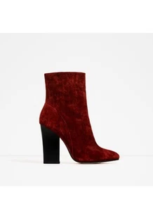 ZARA HIGH HEEL BLOCK ANKLE BOOT ZIP RED WINE VELVET NWB - Picture 1 of 1