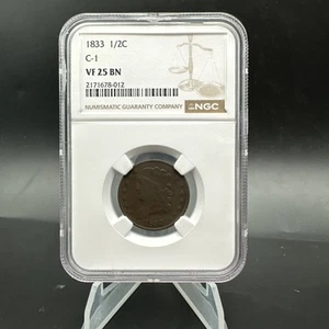 1833 1/2C Half Cent - Cohen 1 - NGC VF25BN - Free Shipping - Picture 1 of 6