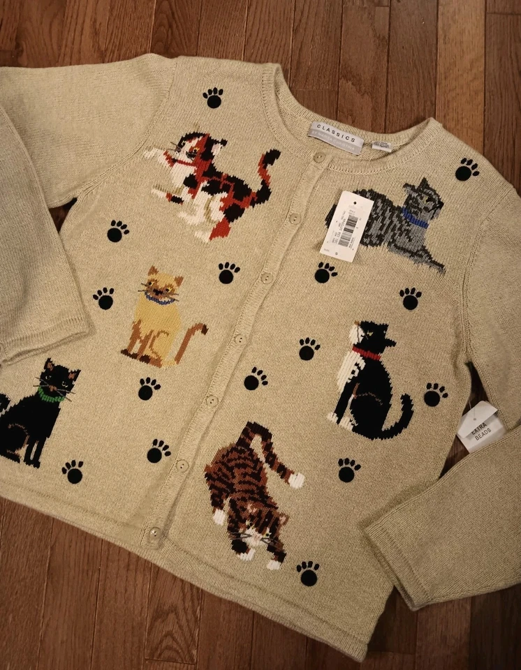 RARO DE COLECCIÓN Marisa Christina Cat Cárdigan Suéter Nuevo con Etiquetas Talla Pequeña Bordado Beige  Foto 1 de 4