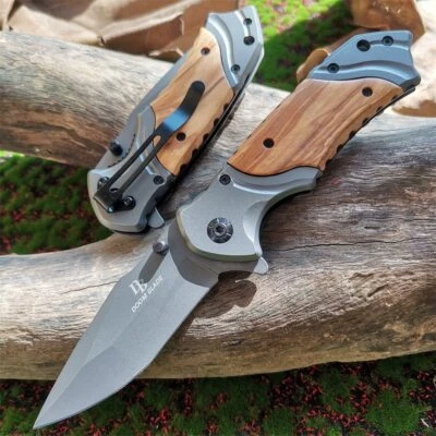 Outdoor camping hunting survival folding wooden handle defensive tactical knife - Image 1 of 4