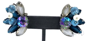 Hobe Earrings Clip on Blue Milk Aurora Borealis Faux Pearls Glass Rhinestones Vt - Afbeelding 1 van 8