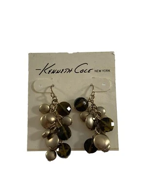 Kenneth Cole New York Earrings Metal Gold Tone Dangle Jingle Brown Beads 1.75"  - Image 1 of 2